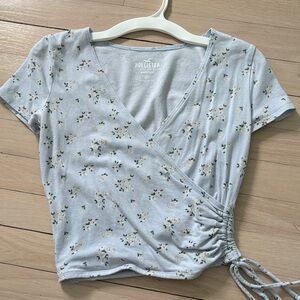Hollister Pale Blue Floral Wrap Crop Top Baby Tee